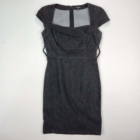 Sophisticated Edge: Le Chateau Black Denim Straight Dress – Size S, Cap Sleeve - Picture 1 of 10